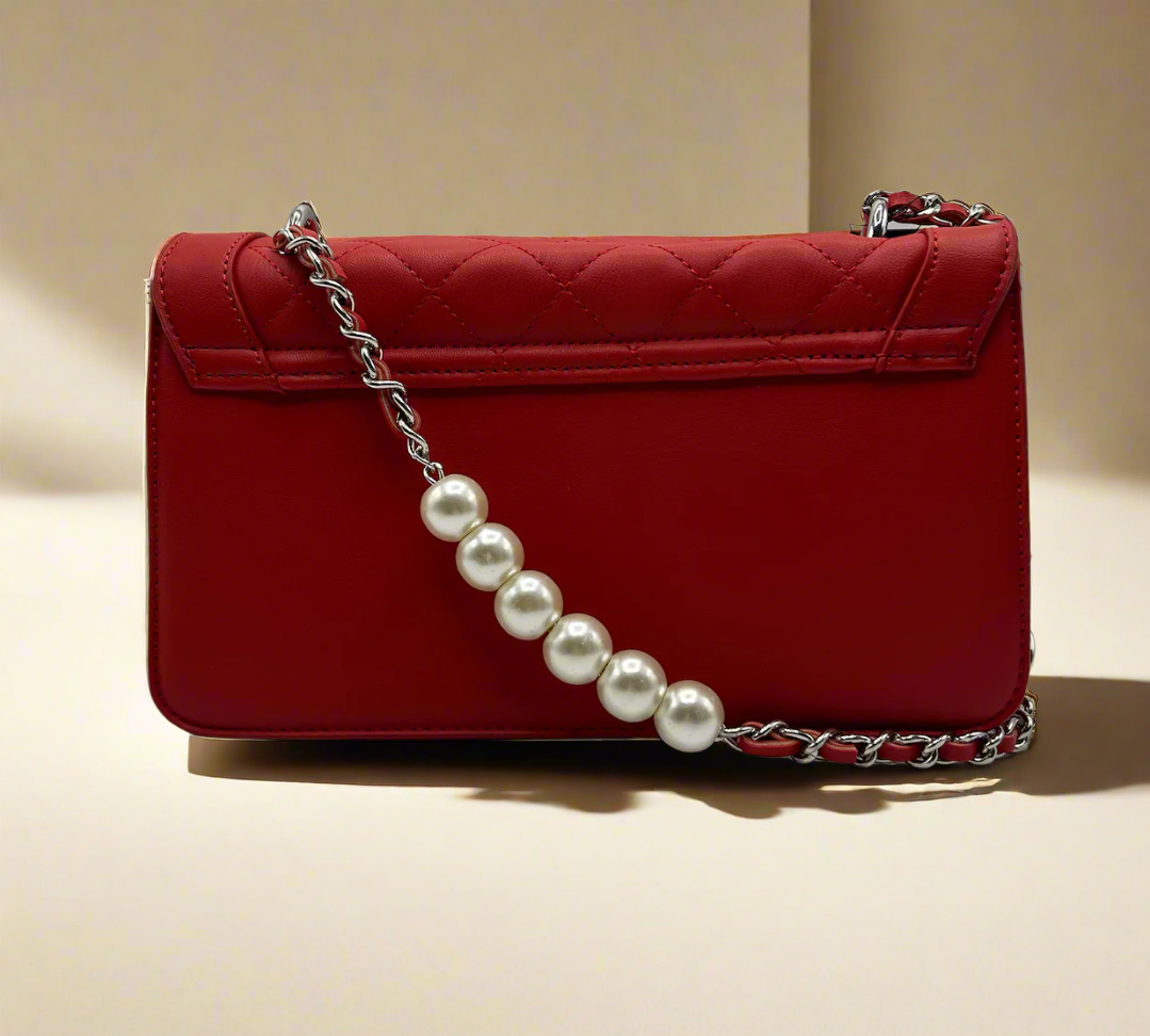 Badgley Mischka Red Crossbody with Pearls and Round Letter Lock