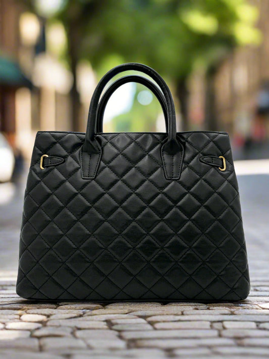 Badgley Mischka Black Middle Diamond Quilted Tote with Front Lock