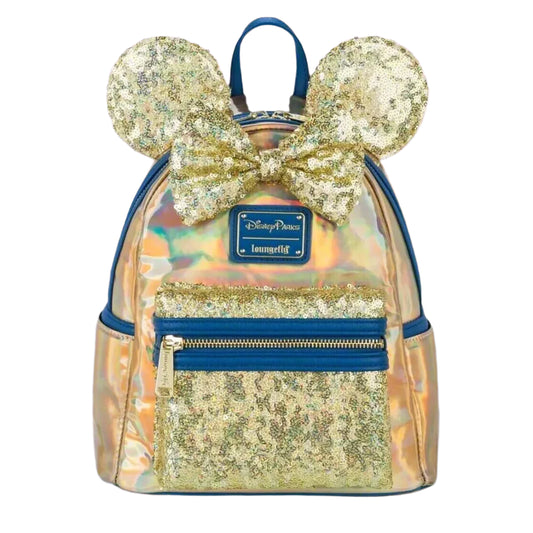 Disney Parks Exclusive Gold and Blue Oil Slick Minnie Mouse EARidescent Iridescent Mini Backpack