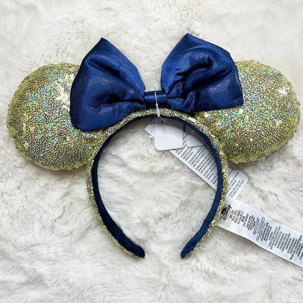 Disney Parks Minnie Mouse 50th Anniversary Gold and Blue Sequin Ears