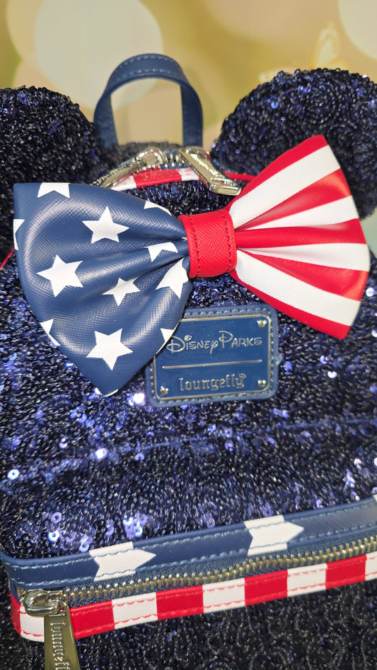 Disney Parks Minnie Mouse Stars and Stripes American Sequin Red White Blue Mini Backpack