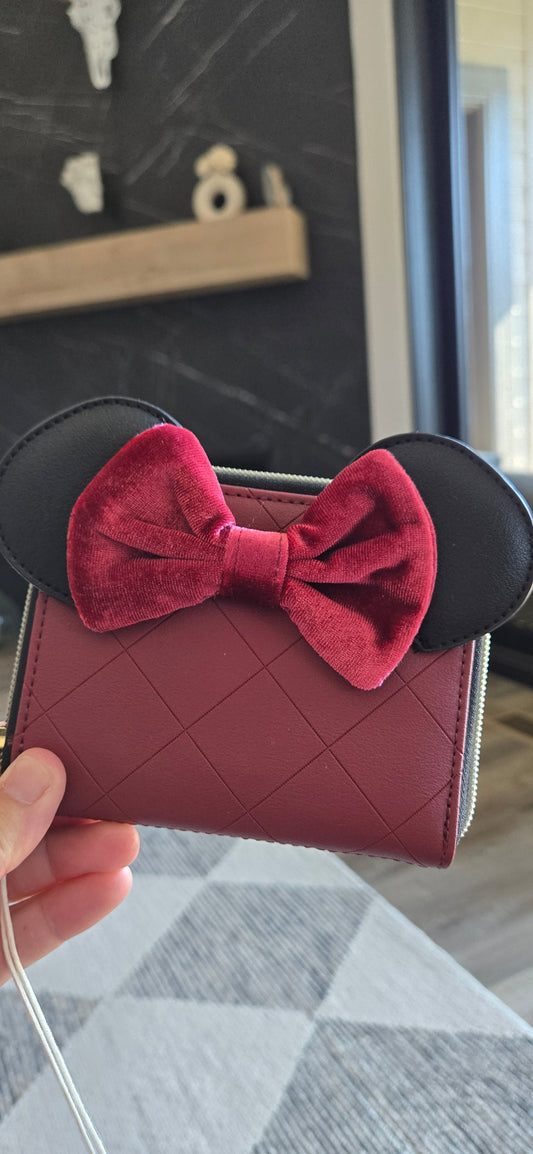 Disney Minnie Mouse Burgundy Velvet Full Zip Around Wallet