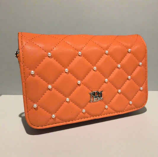 Badgely Mishcka Coral Diamond Quilted Crossbody Bag With Pearls - Small
