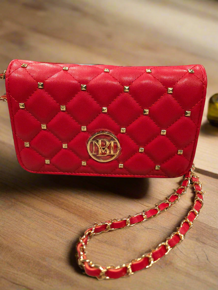Badgley Mischka Red Diamond Quilted Crossbody with Studs