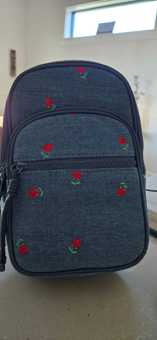Denim Rose Embroidered Sling Bag