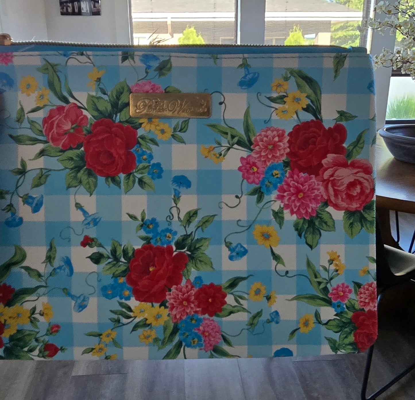 The Prioneer Woman Blue Rose Gingham Cosmetic Bag