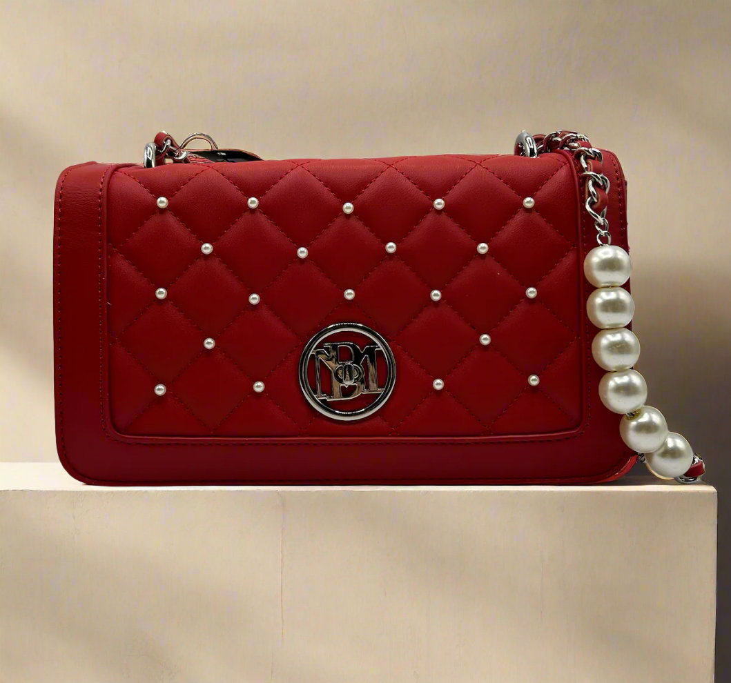 Badgley Mischka Red Crossbody with Pearls and Round Letter Lock
