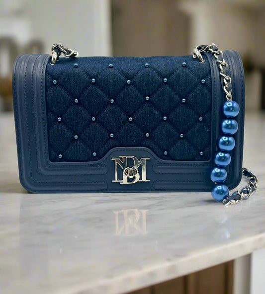 Badgely Mishcka Denim Quilted Crossbody Bag with Blue Pearls