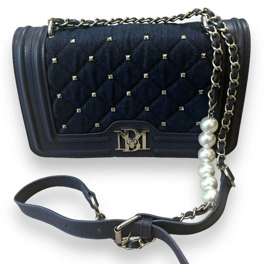 Badgely Mishcka Diamond Denim Quilted Crossbody Bag With White Pearls - Medium