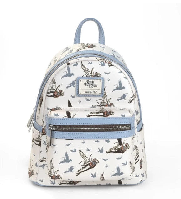 Backpack with flying monkey pattern and blue accents on a white background