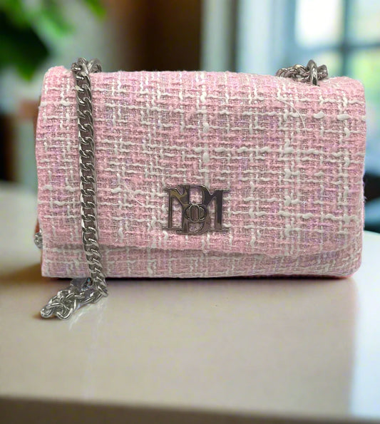 Badgley Mischka Light Pink Tweed Luxury Handbag with Heavy Chain