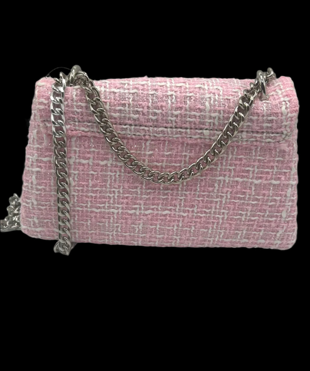 Badgley Mischka Light Pink Tweed Luxury Handbag with Heavy Chain