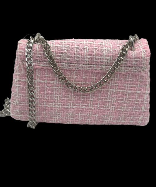 Badgley Mischka Light Pink Tweed Luxury Handbag with Heavy Chain