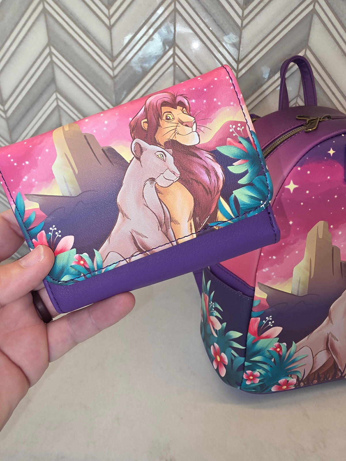 BUNDLE: Loungefly Disney The Lion King Nala and Simba Sunset Pride Rock Mini Backpack and Matching Wallet
