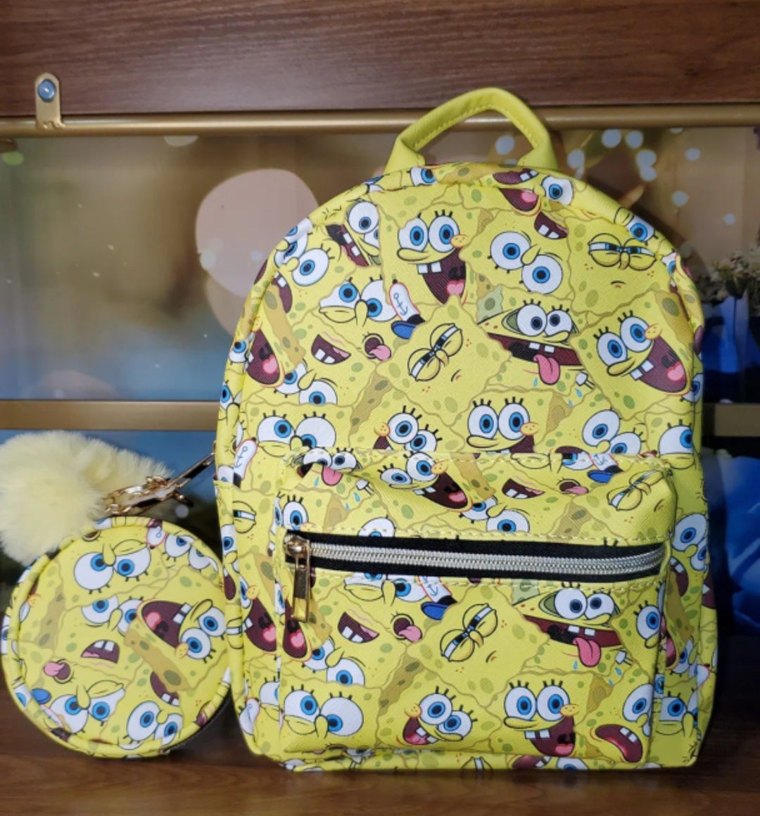 Nickelodeon SpongeBob Square Pants AOP Mini Backpack with Matching Coin Purse and Keychain Bag Clip