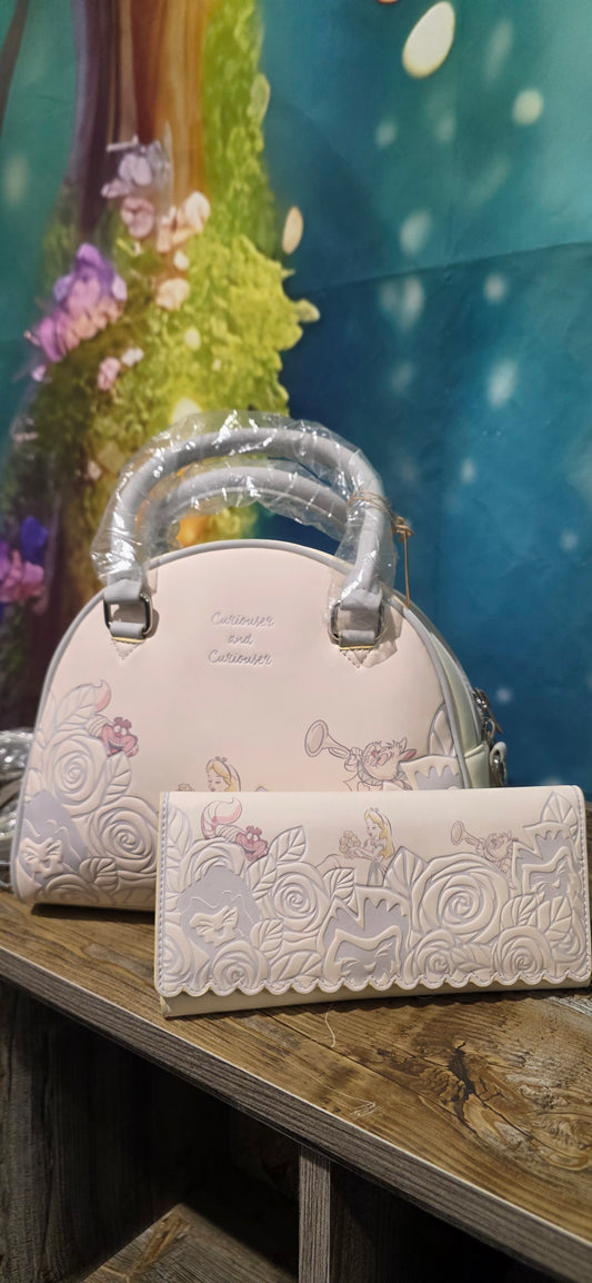 BUNDLE: Loungefly Disney Alice in Wonderland Curious and Curiouser RARE AND RETIRED Crossbody and Matching Wallet
