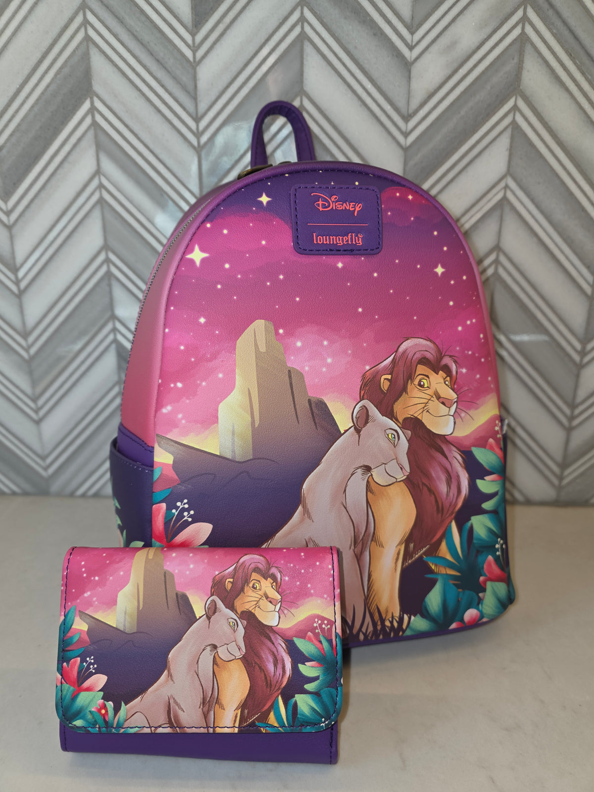 BUNDLE: Loungefly Disney The Lion King Nala and Simba Sunset Pride Rock Mini Backpack and Matching Wallet