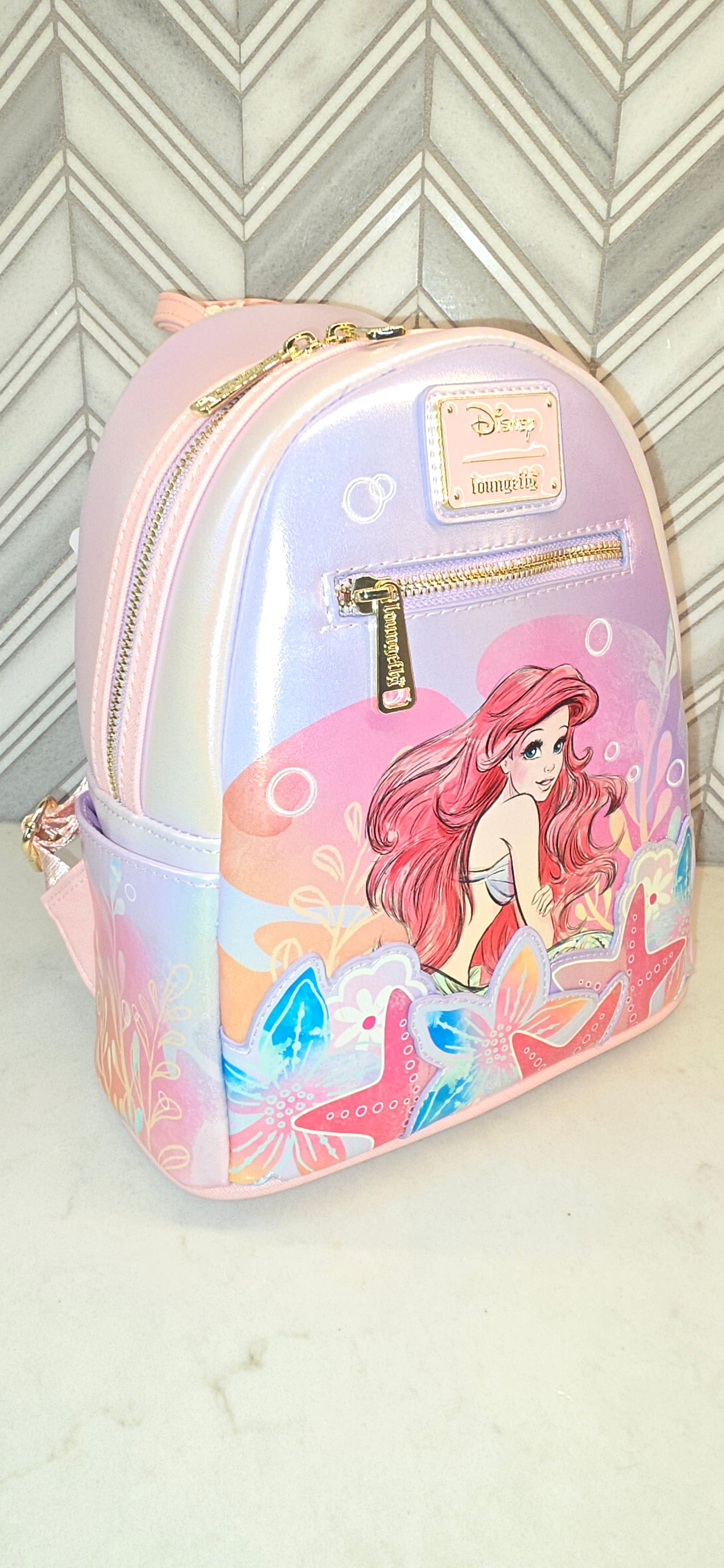 BUNDLE: Loungefly Disney The Little Mermaid Ariel Soft Floral Iridescent Mini Backpack and Matching Wallet