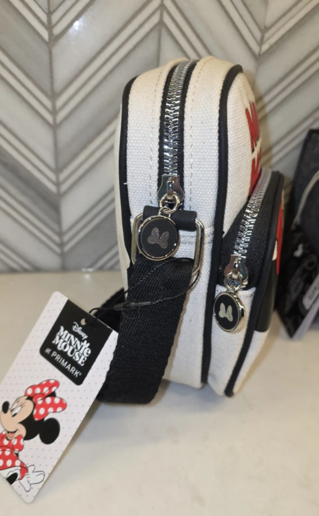 Disney Mickey Mouse Black Denim Purse and Primark Minnie Mouse Canvas Crossbody with Bag Clip Keychains Bundle