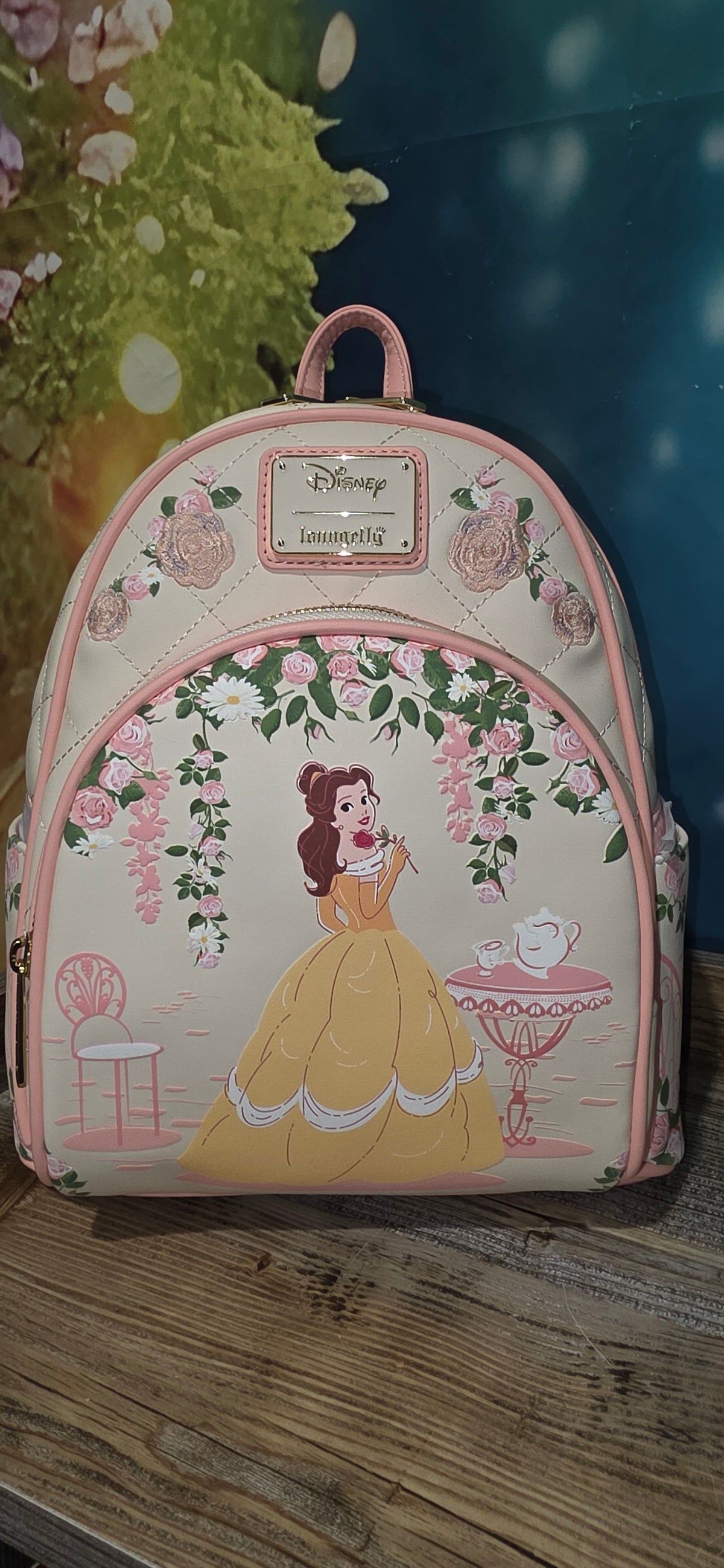 BUNDLE: Loungefly Disney Beauty and the Beast Belle Tea Time Roses Mini Backpack and Matching Indexer Wallet
