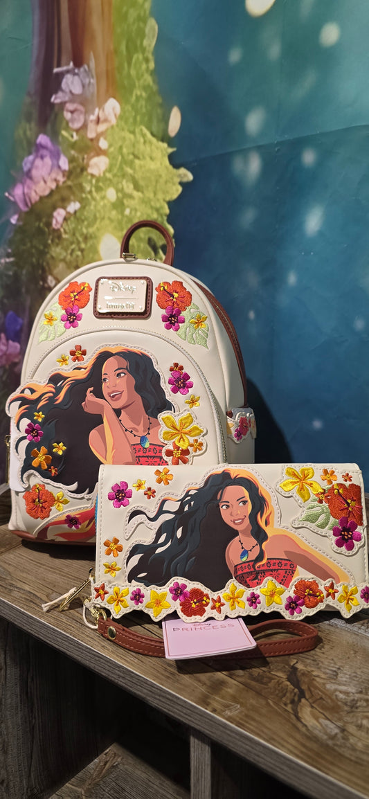 BUNDLE: Loungefly Disney Moana Floral Mini Backpack and Matching Wristlet Wallet