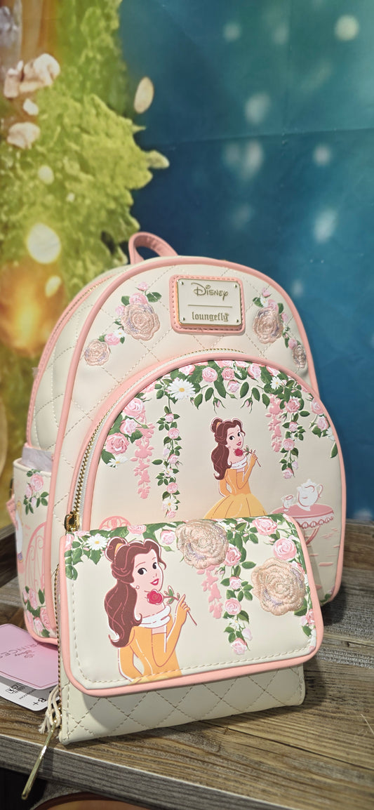 BUNDLE: Loungefly Disney Beauty and the Beast Belle Tea Time Roses Mini Backpack and Matching Indexer Wallet