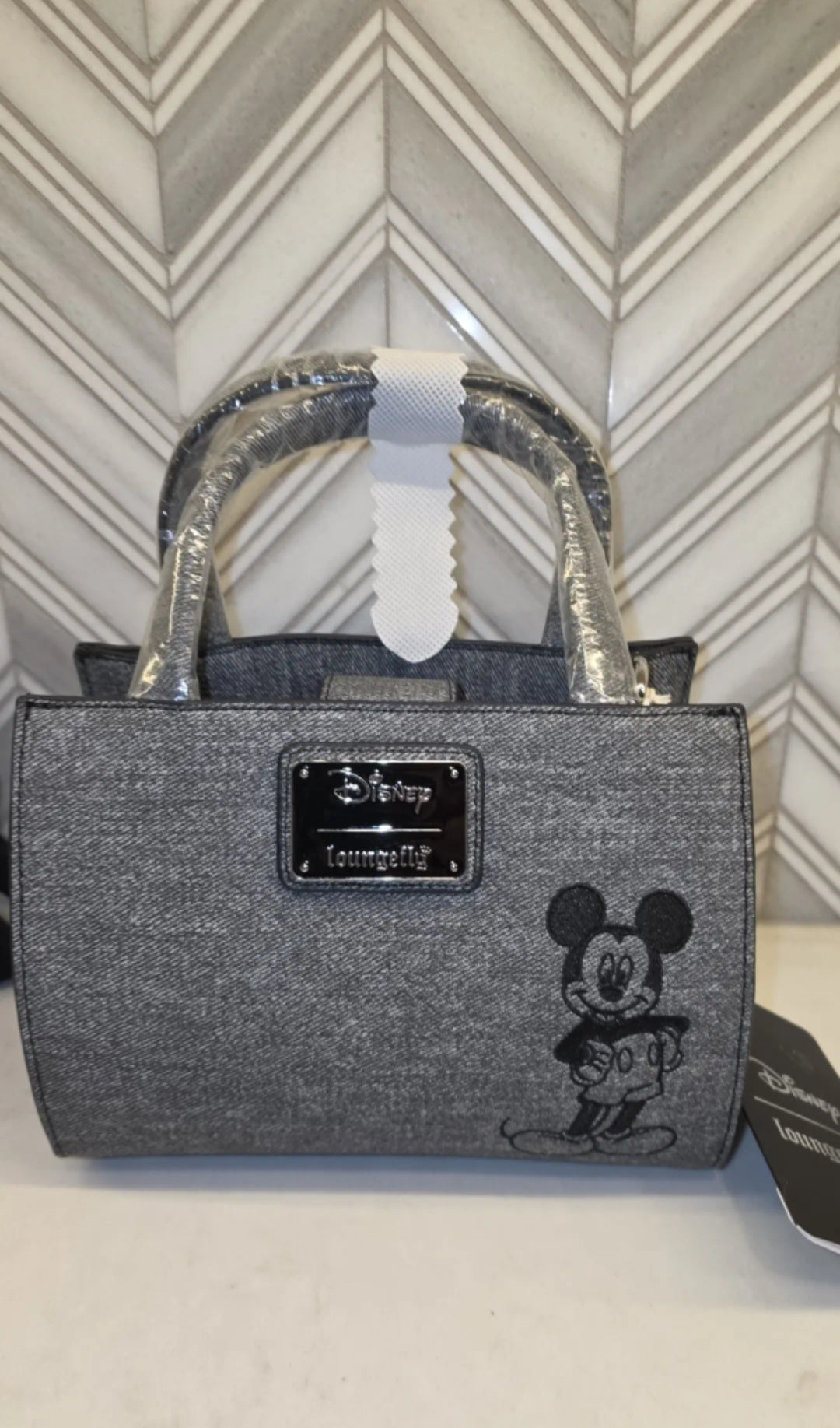 Disney Mickey Mouse Black Denim Purse and Primark Minnie Mouse Canvas Crossbody with Bag Clip Keychains Bundle