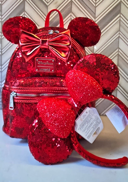 Disney Parks Minnie Mouse Red Hidden Mickeys Sequin Mini Backpack with Matching Ears Headband