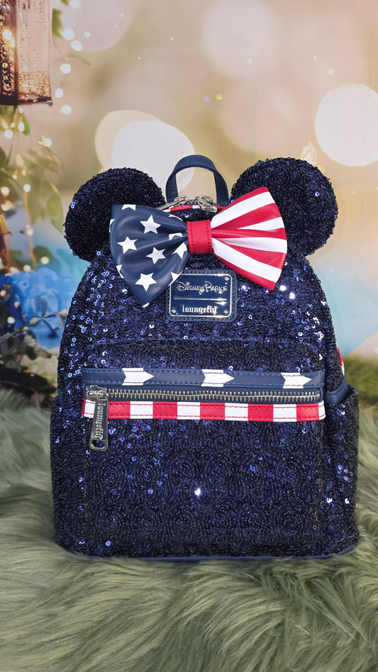 Disney Parks Minnie Mouse Stars and Stripes American Sequin Red White Blue Mini Backpack