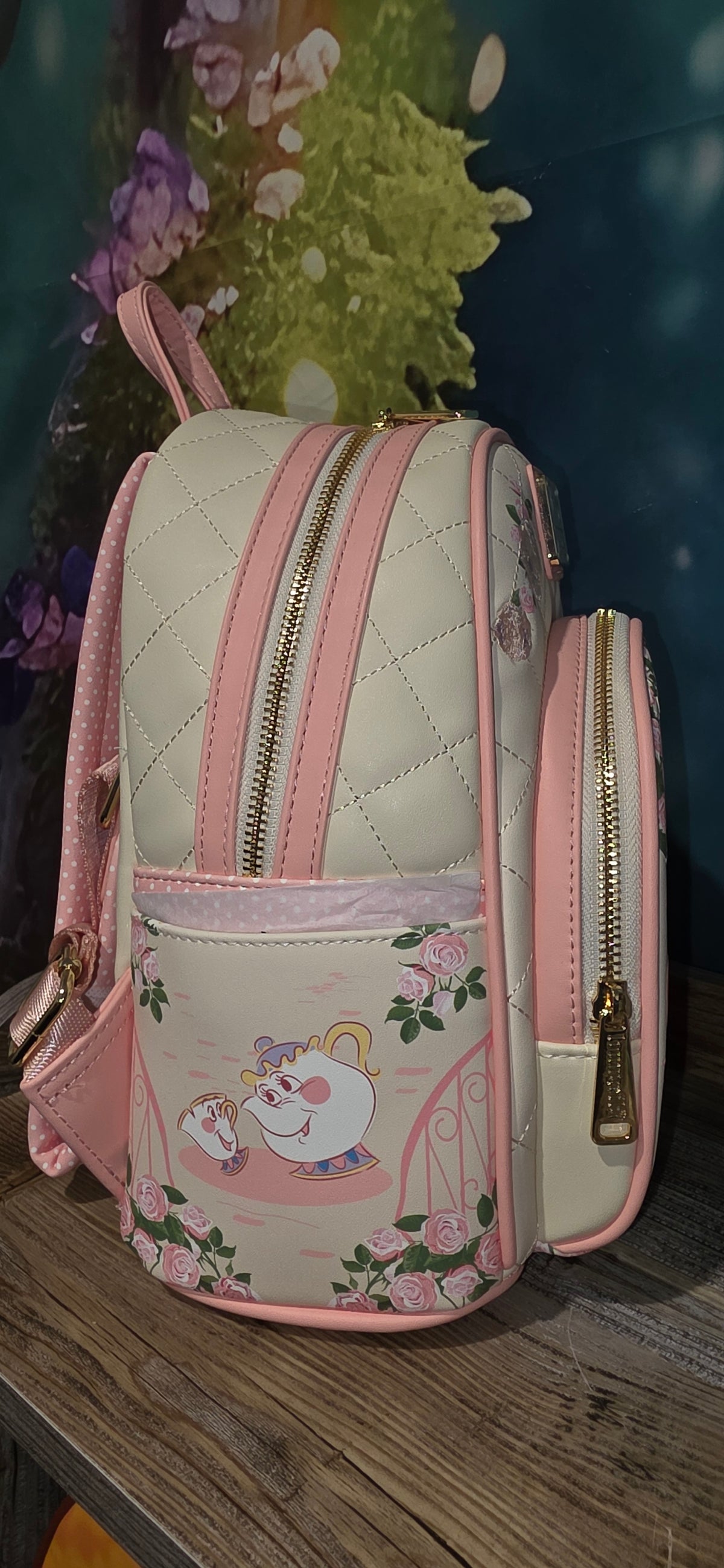 BUNDLE: Loungefly Disney Beauty and the Beast Belle Tea Time Roses Mini Backpack and Matching Indexer Wallet