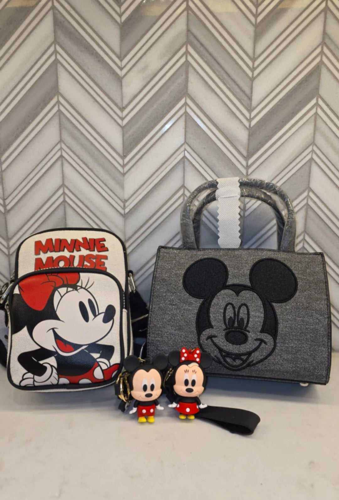 Disney Mickey Mouse Black Denim Purse and Primark Minnie Mouse Canvas Crossbody with Bag Clip Keychains Bundle