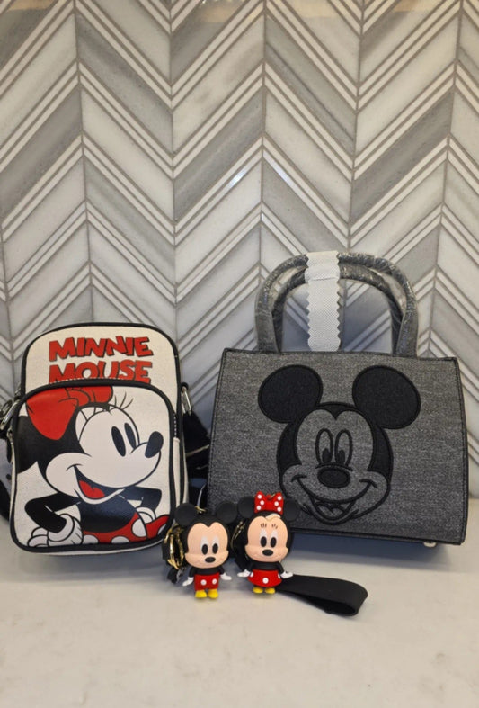 Disney Mickey Mouse Black Denim Purse and Primark Minnie Mouse Canvas Crossbody with Bag Clip Keychains Bundle