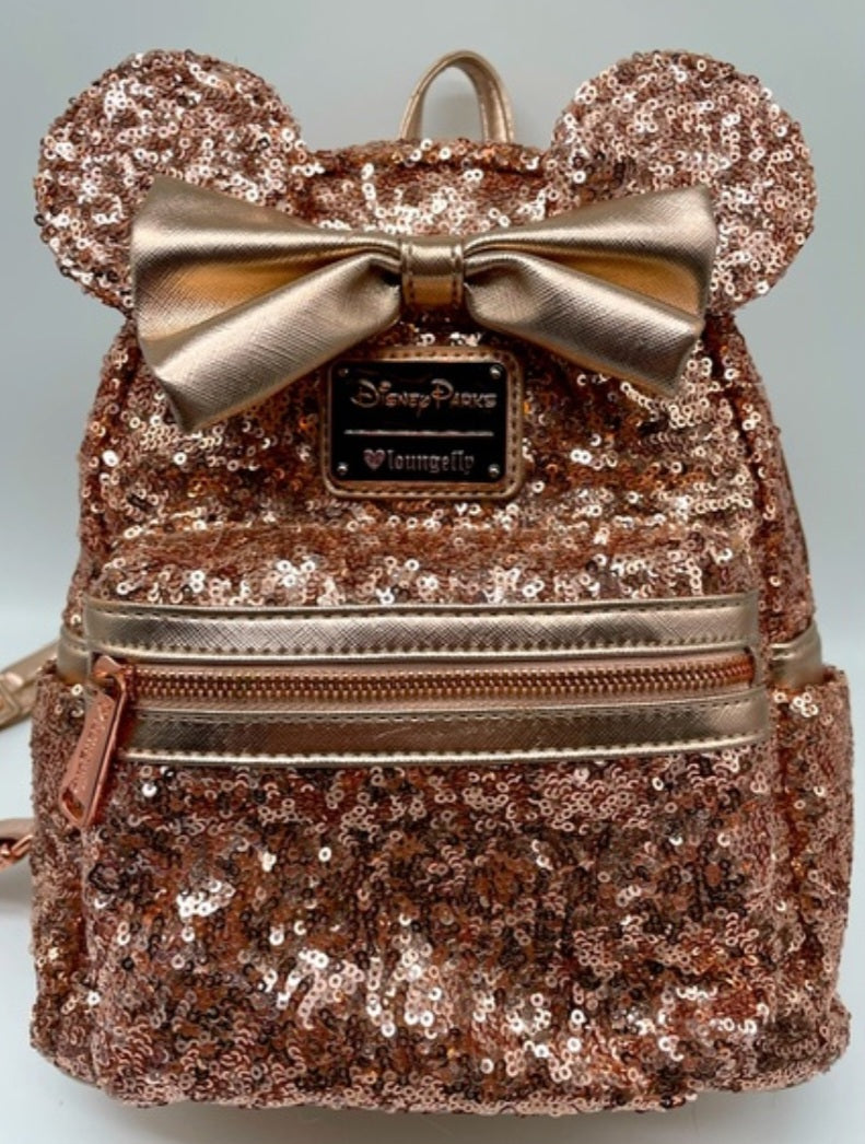 Disney Parks Rose Gold HEART TAG RARE Sequin Mini Backpack