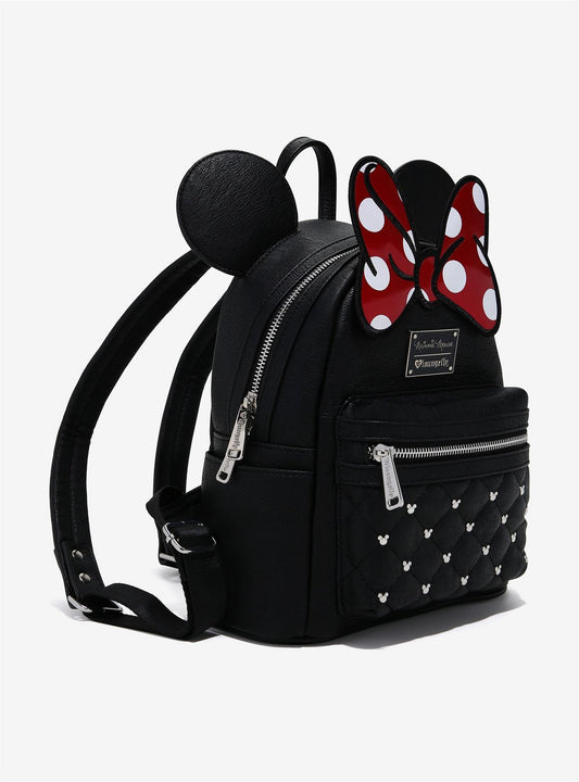 Disney Minnie Mouse Black Classic Quilted Stud with Red Polka Dot Bow Mini Backpack