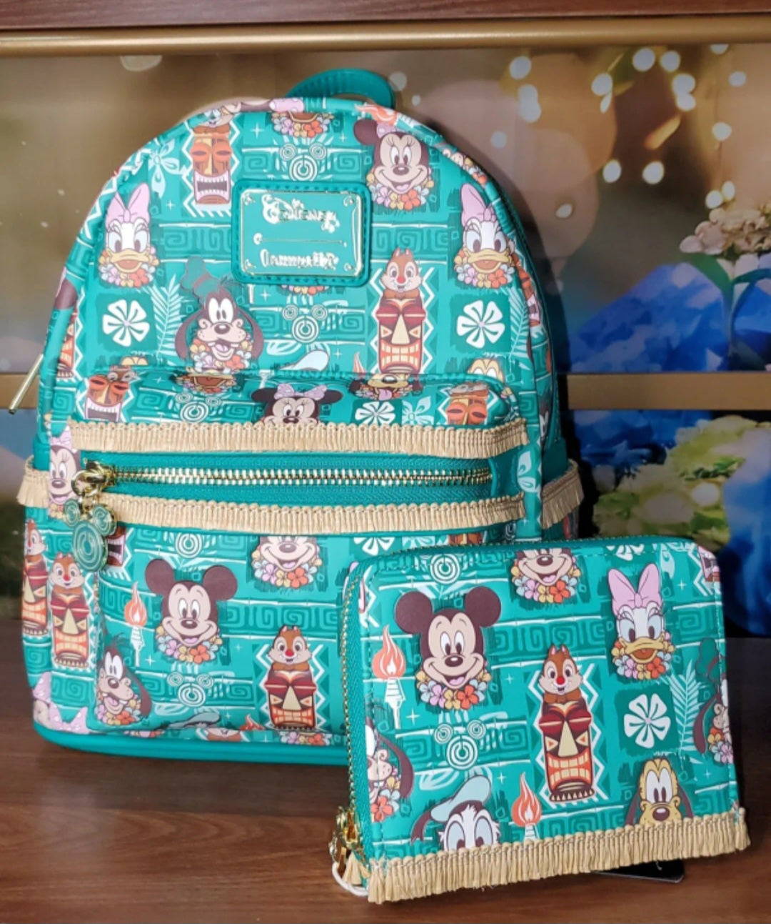 Disney Green Tiki Grotto Treasures Mini Backpack and Matching Zip Around Wallet