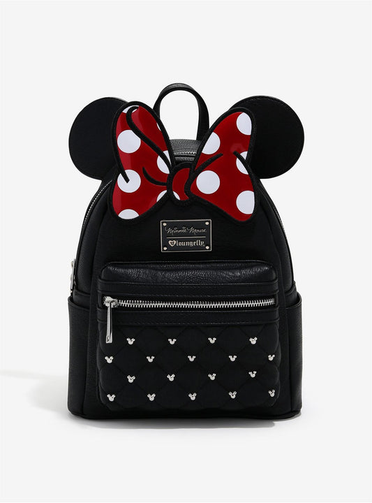 Disney Minnie Mouse Black Classic Quilted Stud with Red Polka Dot Bow Mini Backpack