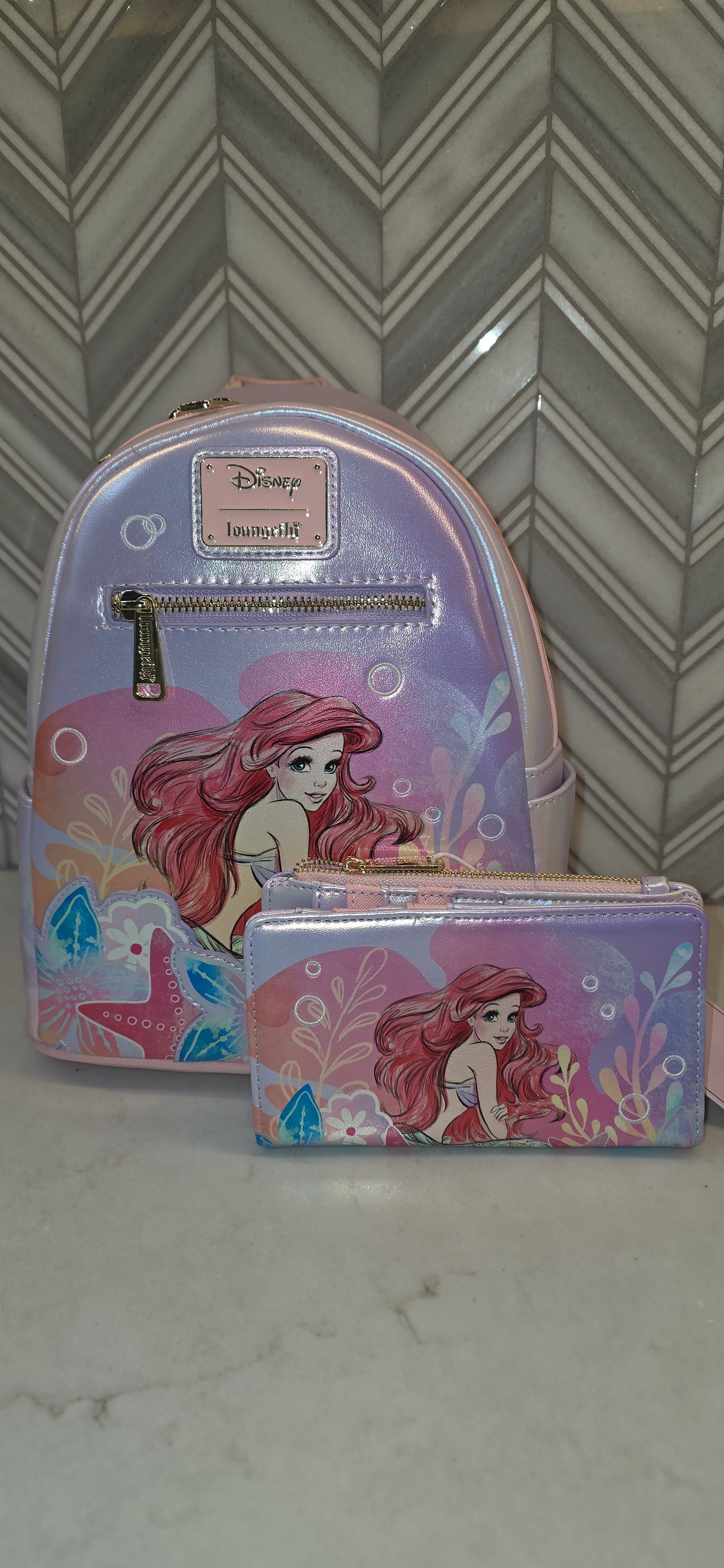BUNDLE: Loungefly Disney The Little Mermaid Ariel Soft Floral Iridescent Mini Backpack and Matching Wallet