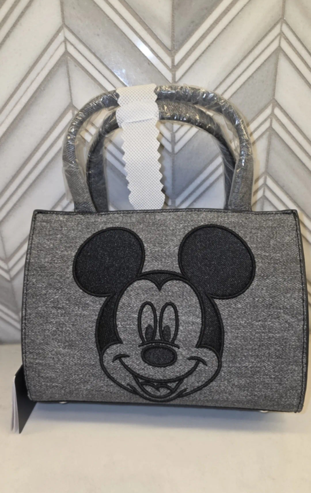Disney Mickey Mouse Black Denim Purse and Primark Minnie Mouse Canvas Crossbody with Bag Clip Keychains Bundle